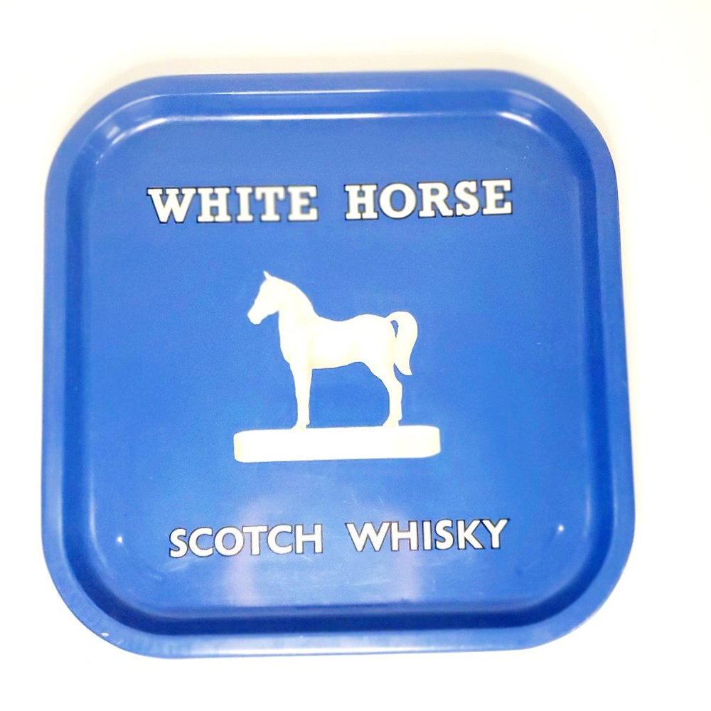 Blue and White White Horse Vintage Advertising Square Tin Serving Tray
